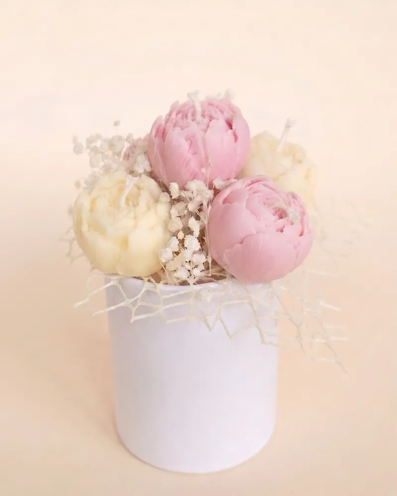 Medium candle bouquet: five pink and cream peony candles in a white box